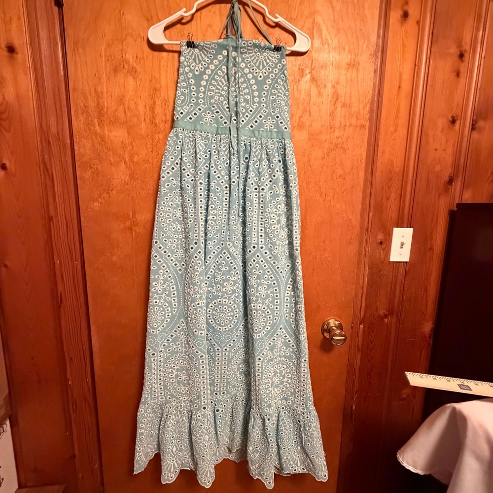 Altar'd State Light Teal Halter Maxi Dress with Eyelet Motif